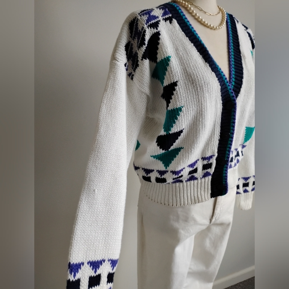 Extra Brand Vintage 80s Chunky Knit Southwestern Design Cropped Cardigan Medium - Picture 5 of 15